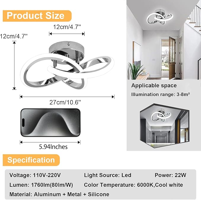 CANEOE Hallway Light Acrylic Modern LED Ceiling Light Fixtures Cool White 6000K Close to Ceiling Lights for Bedroom Bathroom Kitchen Balcony Corridor Stair Aisle Curved Creative Design Celing lamp