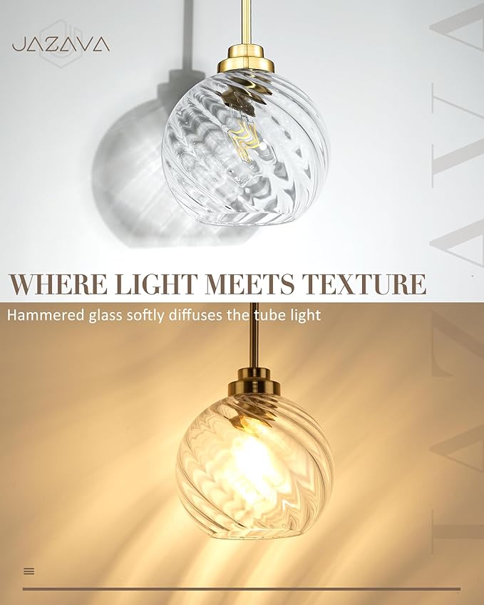 8 Inch Modern Farmhouse Pendant for Kitchen Island, Adjustable Height Hanging Fixture with Ribbed Glass, Gold Finish, Dining Room Entryway - PL101SBG-L
