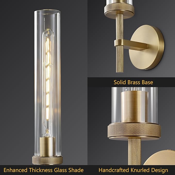 Bathroom Sconces Set of 2, 19.5" Brushed Cylinder Wall Sconces, Gold Vanity Lights for Bathroom Mirror with E26 Bulbs Included
