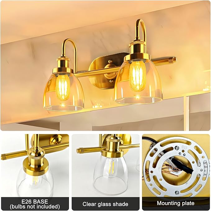 Lightdot Brushed Nickel Bathroom Light Fixture, 17.5IN 2-Light Bathroom Vanity Light with Clear Glass Shades, 60W Max/120V Modern Gold Vanity Lights for Mirror Kitchen Living Room, E26 Base-Gold