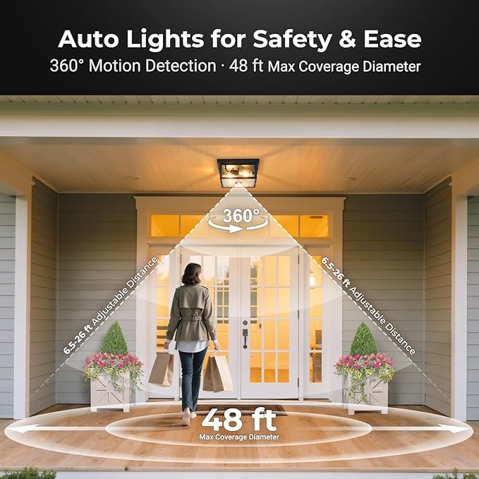 VIANIS Black Motion Sensor Outdoor Ceiling Light with Remote Control, Flush Mount Ceiling Lighting for Porch, Garage, Entryway, Adjustable Distance Time, 5 Modes, Water Ripple Glass, 2-Light(No Bulbs)