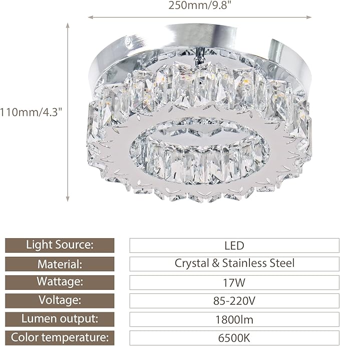 9.8" Crystal Flush Mount Ceiling Light Fixtures Modern Crystal Chandeliers Light Fixture LED Round Mini Ceiling Lamp for Kitchen 17W 6500K