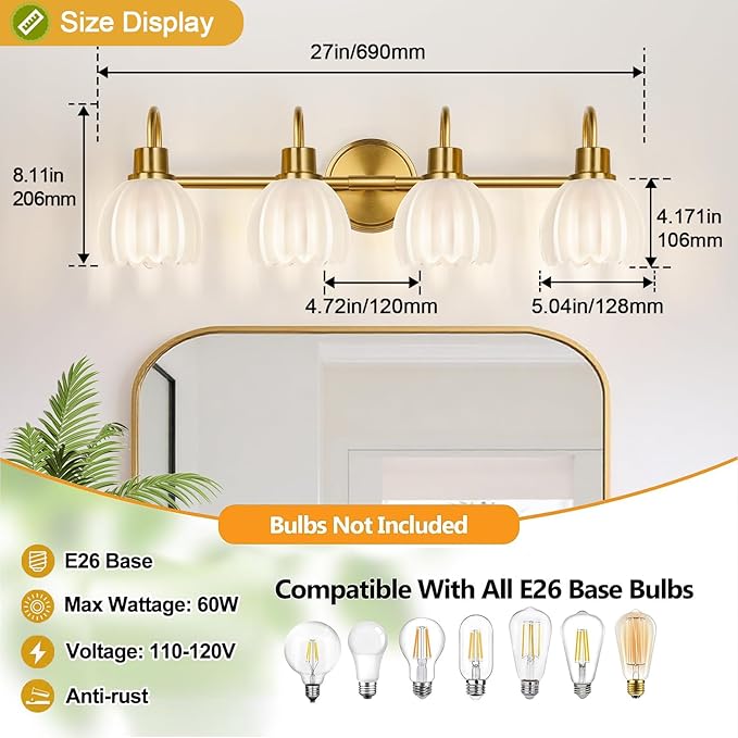 4-Light Bathroom Light Fixtures, 27" Brushed Gold Vanity Lights for Bathroom with Ribbed Frosted Clear Tulip Glass Shade, Vintage Bathroom Vanity Lighting Fixtures Over Mirror for Living Room Hallway