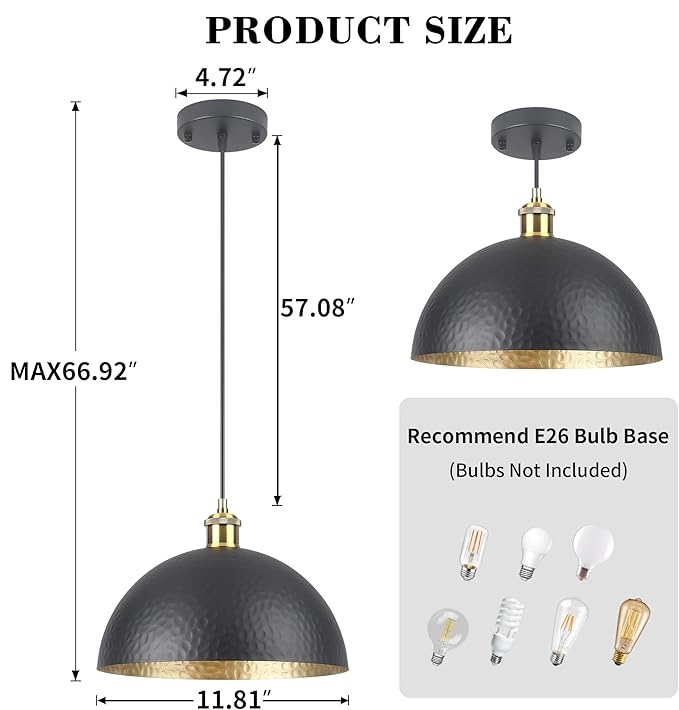Black Farmhouse Pendant Light with Hammered Metal Shade Vintage Dome Pendant Light Adjustable Hanging Lighting fixtures for Kitchen Island Dining Room Hallway and Bar