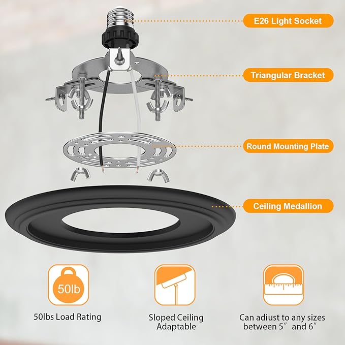 5 and 6 inch Recessed Can Light Conversion Kit, for Ceiling Light Fixture, Pendant Light, Hanging Light, Ceiling Fan, with 7’¾ Beveled & Flat, Steel, Medallion, Black Finish