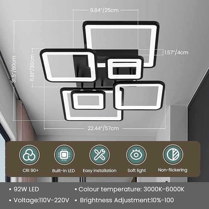 31.5''Dimmable Modern LED Ceiling Light Black 6Rings Square Ceiling Lamp 3000K-6500K Flush Mount Ceiling Lightwith Remote for Dining Room, Kitchen, Living Room