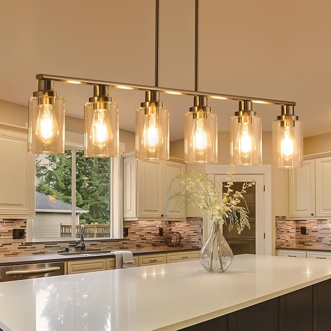 Dining Room Light Fixtures Over Table,6-Light Farmhouse Kitchen Island Lighting,44.3'' Linear Chandelier Pendant Lighting for Kitchen Island for Brushed Nickel Finish with Clear Glass Shade