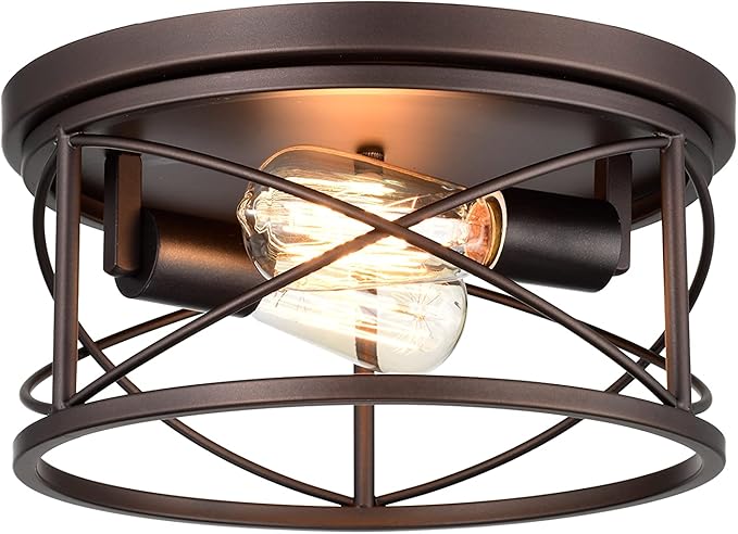 Industrial Flush Mount Lights, Farmhouse Close to Ceiling Flush Mount Lighting, 2-Light Flush Mount Ceiling Lighting Fixture (Oil Rubbed Bronze, 1 Pack)