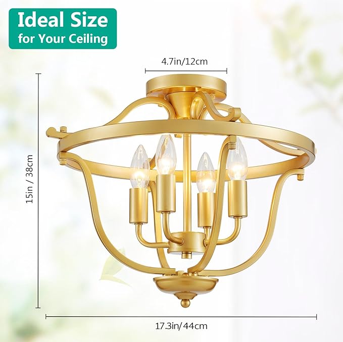 Modern 4-Light Vintage Antique Candle Chandelier Ceiling Light, Gold Ceil Light Fixture for Dining Room, Living Room, Bedroom, Farmhouse Style, Maria Theresa Style, D17.3*H15 inch