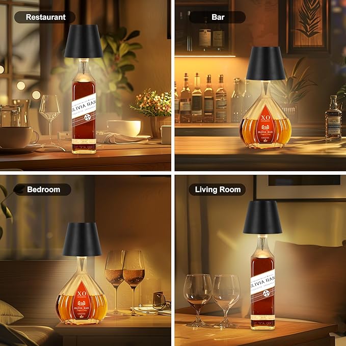 Wireless Bottle Lamp, 2025 New 3 Color Rechargeable Wine Bottle Lights for Bars Restaurants (Black, 1PC)