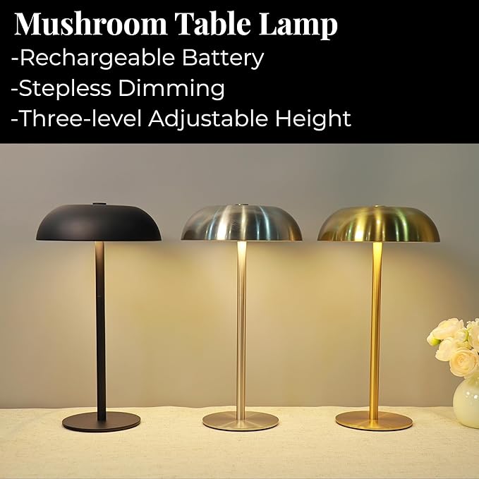 Portable Mushroom Table Lamp with 5200mAh Battery, 11'' Cordless LED Night Light with Stepless Dimming, 3 Color Modes & Adjustable Height for Bedroom/Patio/Bar Decor/Coffee Shop Ambiance (Gold-tall)