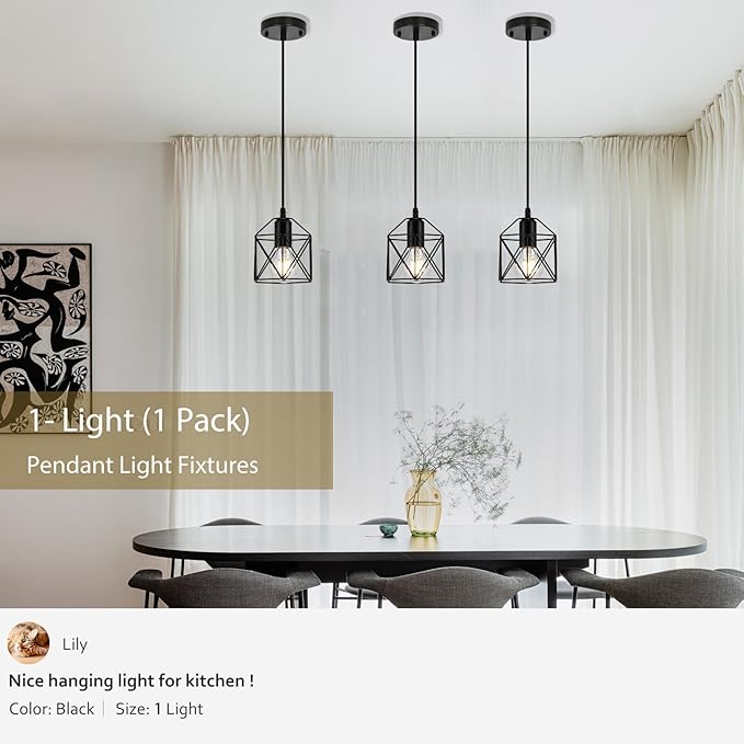 1-Light Hanging Pendant Light Fixture, Black Pendant Lights Kitchen Island, Farmhouse Pendant Lighting with Bedroom Dining Room, E26 Base, Bulbs Not Included
