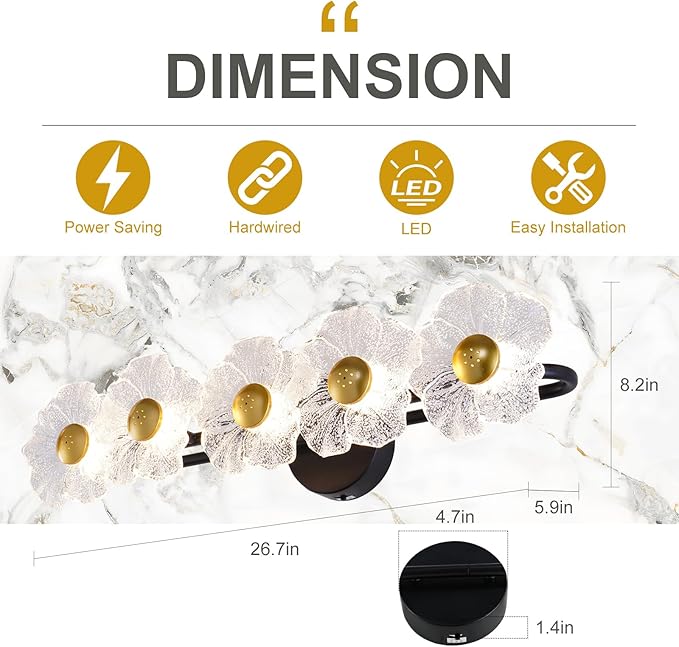 26.7" Black Bathroom Light Fixtures 5 Light Floral Bathroom Vanity Light, 3-Color Temperature Vanity Light Elegant Led Wall Lights Cordless Wall Sconces for Decor,Restroom,Livingroom,Bedroom