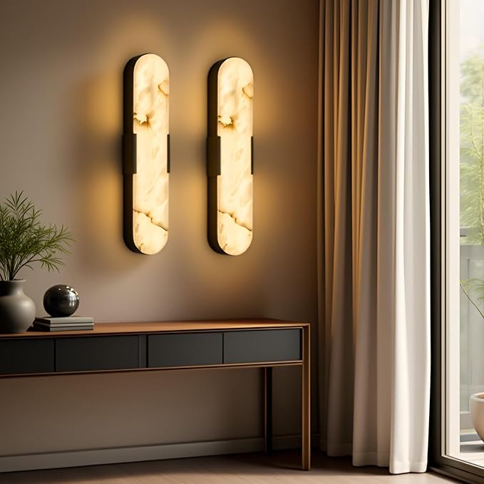 2 Pack Alabaster Wall Sconces 20" Spanish Natural Marble Wall Lights, Indoor Black Mid Century Marble Wall Lighting Bathroom Alabaster Wall Lamps for Bedroom Living Room Stairway Cafe