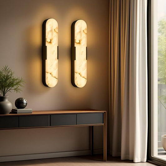 2 Pack Alabaster Wall Sconces 20" Spanish Natural Marble Wall Lights, Indoor Black Mid Century Marble Wall Lighting Bathroom Alabaster Wall Lamps for Bedroom Living Room Stairway Cafe