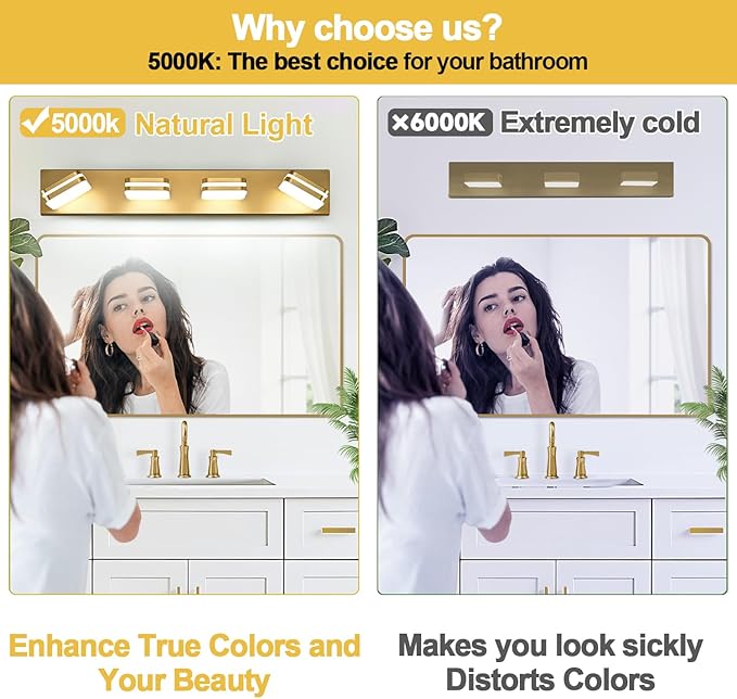 360° Rotate LED Bathroom Vanity Light Fixtures, 1600LM Acrylic Gold Vanity Lights for Bathroom, Modern Wall Lighting Fixtures Over Mirror Kitchen Living Room Hallway (Natural White Light 5000K)