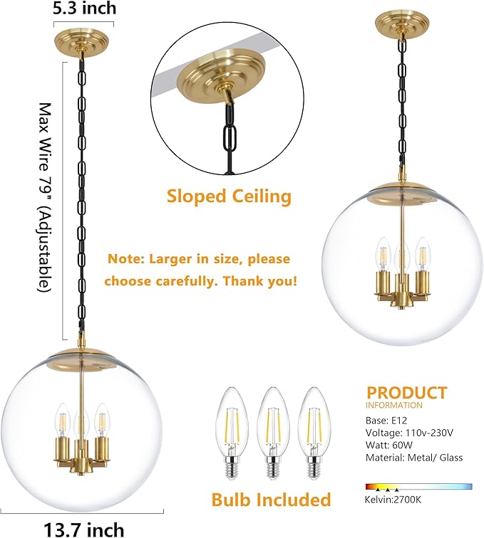 KoKo&Yukina 14" Gold Globe Pendant Light Mid Century Pendant Light Clear Glass Pendant Lights Kitchen Island Adjustable Hanging Light Fixture for Dining Room Bedroom Kitchen Island