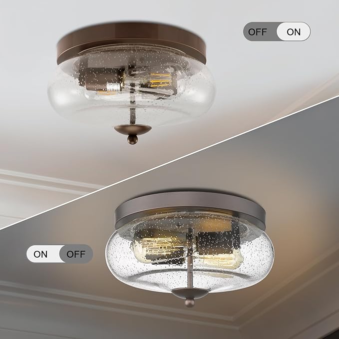Darkaway Oil-Rubbed Bronze Ceiling Light Fixtures, Indoor Outdoor Flush Mount Ceiling Light with Seeded Glass Shade for Farmhouse Hallway Kitchen Bedroom Porch Living Dining Room