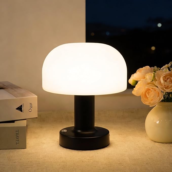 HAPYGI Small Mushroom Table Lamp, Cordless Night Light with 2600mAh Rechargeable Battery, Stepless Dimming Desk Lamp with 3 Colors for Bedroom/Patio/Living Room (Black-1)