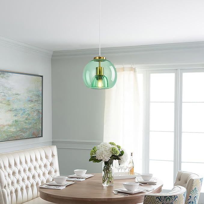 Light Green Glass Pendant Lights Kitchen Island Gold Hanging Light Fixture Glass Globe Pendant Light Modern Pendant Lighting for Kitchen Island Bedroom Dining Room (7.87", 1 Pack)