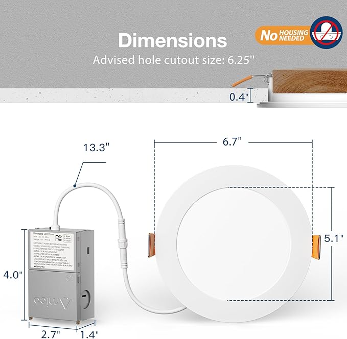 Amico 48 Pack 6 Inch 5CCT Ultra-Thin LED Recessed Light with Junction Box, 2700K/3000K/3500K/4000K/5000K Selectable, 12W Eqv 110W 1050LM Brightness Dimmable Canless Wafer Downlight, ETL & FCC