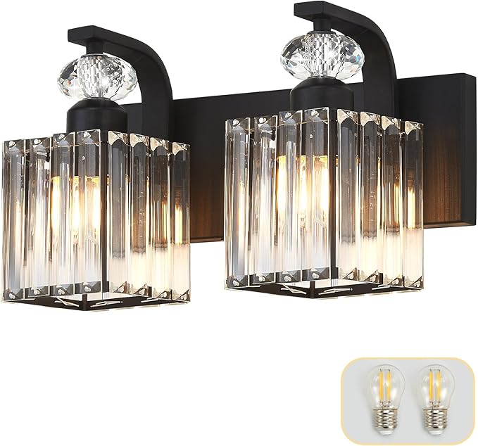 Modern Bathroom Vanity Light, 2-Light Black Bathroom Lighting Fixtures Over Mirror, 12.6" Crystal Wall Light Sconce for Bathroom/Bedroom/Vanity, Includes LED Bulbs, Easy Installation