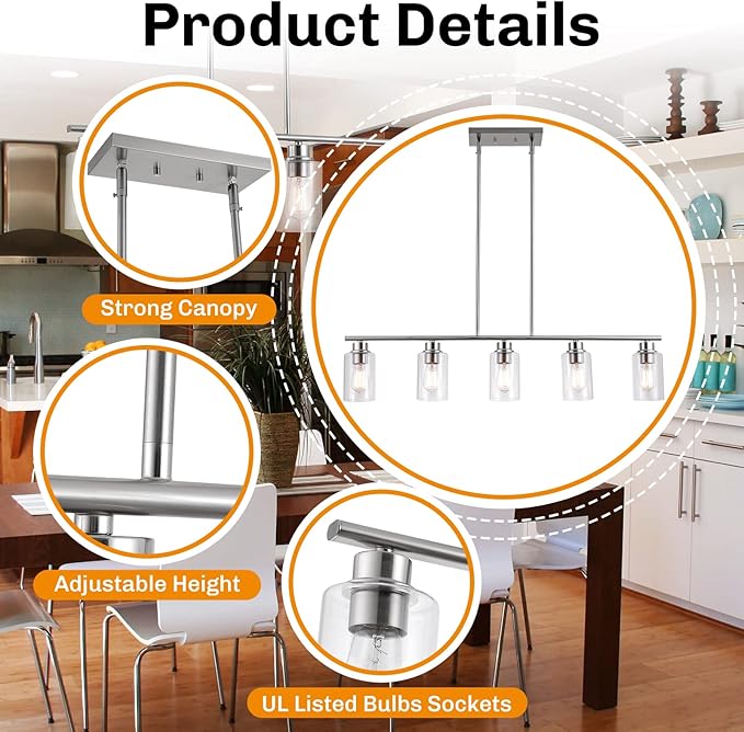 mavcadonf Kitchen Island Light, 5-Light Pendant Lighting, Farmhouse Dining Room Light Fixtures for Kitchen Island Dining Living Room, Brushed Nickel with Clear Glass Shade