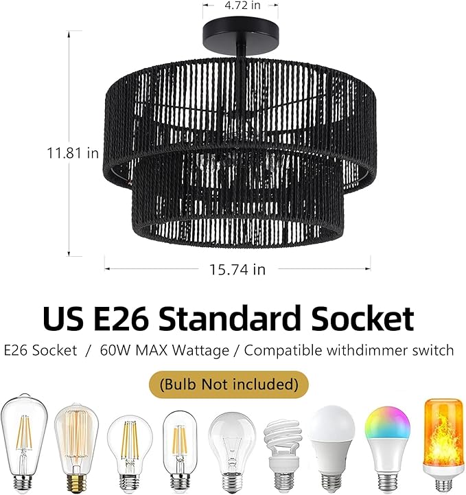 15.7'' Black Boho Light Fixtures Ceiling Mount Coastal Hemp Rope Semi Flush Mount Ceiling Light Fixture 3-Light Rattan Light Fixtures with 2-Tier Drum Shade for Dining Room Kitchen Entry