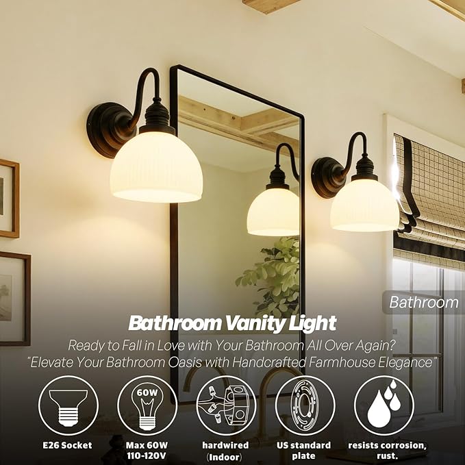 Vintage Wall Sconce Light, Black Bathroom Vanity Light with Striped Bowl Milk Glass Farmhouse Hardwire Wall Mounted Lamp for Bathroom Mirror Living Room Bedroom Kitchen E26 Indoor