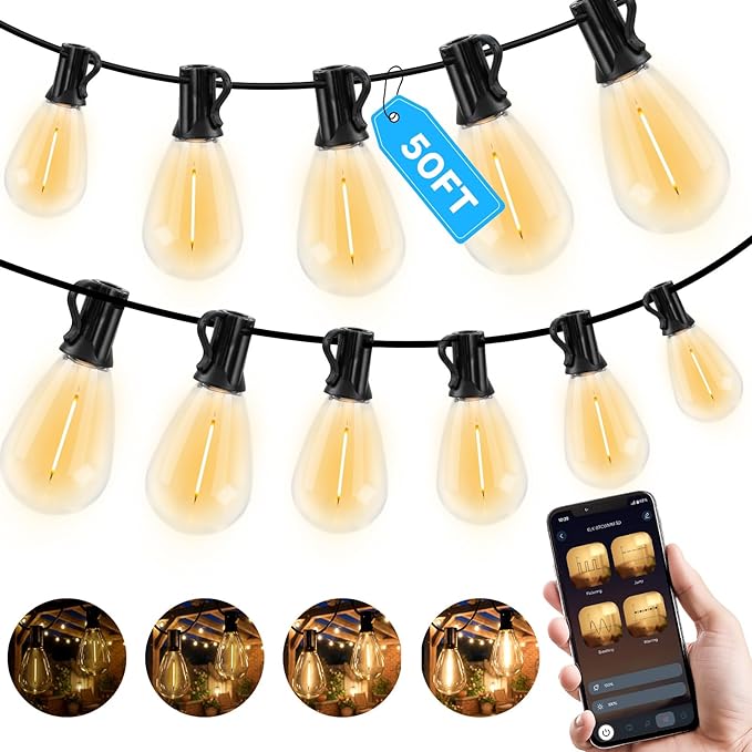 GvvooHome 50FT Outdoor String Light with S11 Plastic Bulbs, Low-Voltage LED Patio Lights with App & Remote, Music Sync, 4 Lighting Modes, Dimmable & Waterproof for Backyard, Porch, Garden, Deck, Party