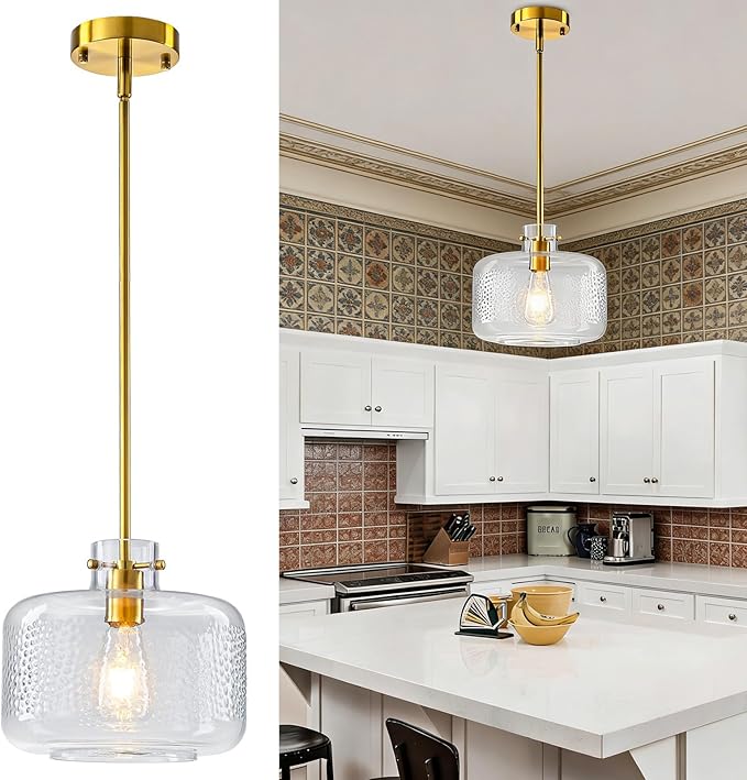 WILON Glass Pendant Lights Kitchen Island, 9.84'' Brass Gold Pendant Lighting Fixtures, Modern Hanging Ceiling Light with Clear Hammered Glass Shade for Farmhouse Dining Room Bedroom Hallway(Brass)
