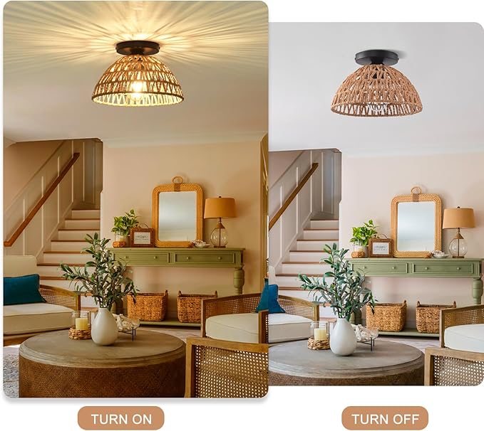 2 Pack 10.2" H Farmhouse Fixtures Ceiling Mount, Brown Rattan Boho Semi Flush Mount Ceiling Light,Hand Woven Hallway Light Fixtures for Bedroom Entryway