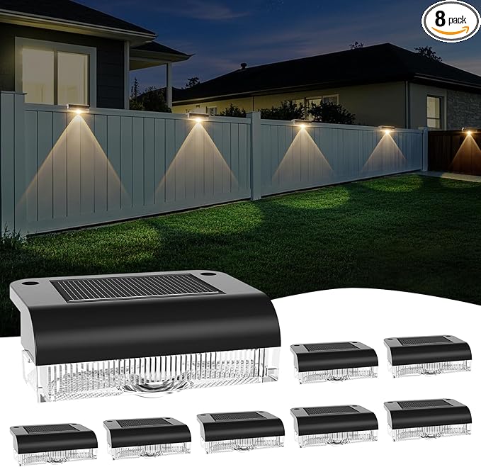 A.bigwhale Solar Fence Lights Outdoor, LED Solar Deck Light Waterproof, 8 Pack Balcony Lights Outside Solar Powered for Outdoor Stairs, Step, Railing, Yard, Patio Decor, Warm White