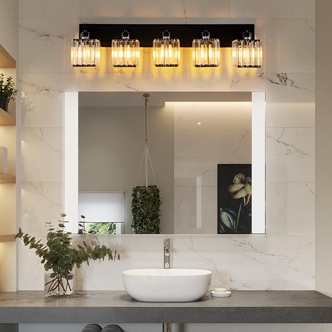 Black Crystal Bathroom Lighting Fixtures, 5 Light Modern Crystal Bathroom Vanity Lights Over Mirror, Wall Light Bathroom Light Fixtures