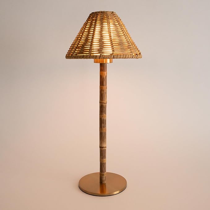Bamboo Cordless LED Table Lamp – Rechargeable 24-Hour Battery, Dimmable Warm Light, 15" Portable Wireless Lamp with Remote for Indoor/Outdoor Use, Home, Patio, Restaurant – Natural Rattan