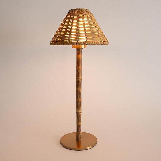 Bamboo Cordless LED Table Lamp – Rechargeable 24-Hour Battery, Dimmable Warm Light, 15" Portable Wireless Lamp with Remote for Indoor/Outdoor Use, Home, Patio, Restaurant – Natural Rattan