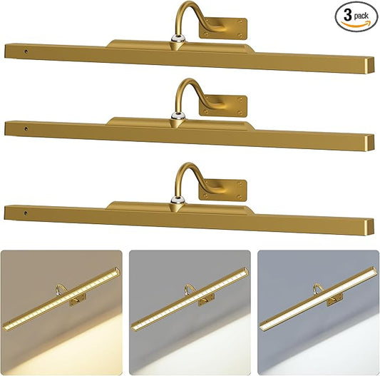 3 Pack Picture Lights Battery Operated 6000mAh - 24Inch Wireless for Gallery, Museum, Mirror, Picture Frames & Office Décor (Antque Gold)