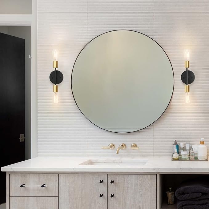 Globe Electric 52085 10" 2-Light Reversible Vanity Wall Light, Matte Black, Brass Accent Socket, Dimmable Lighting, E26 Open Socket, Beauty Room Accessories, Home Decor, Modern Lights for Bathroom