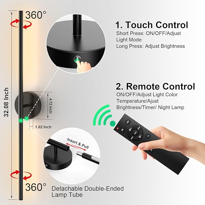 Tartek Battery Operated Wall Sconces Set of Two, Rechargeable Wall Lights with Remote Control, Dimmable 3000K-6000K LED Wall Lamp, 360°Rotate, Long Wireless Sconces for Living Room, Bedroom