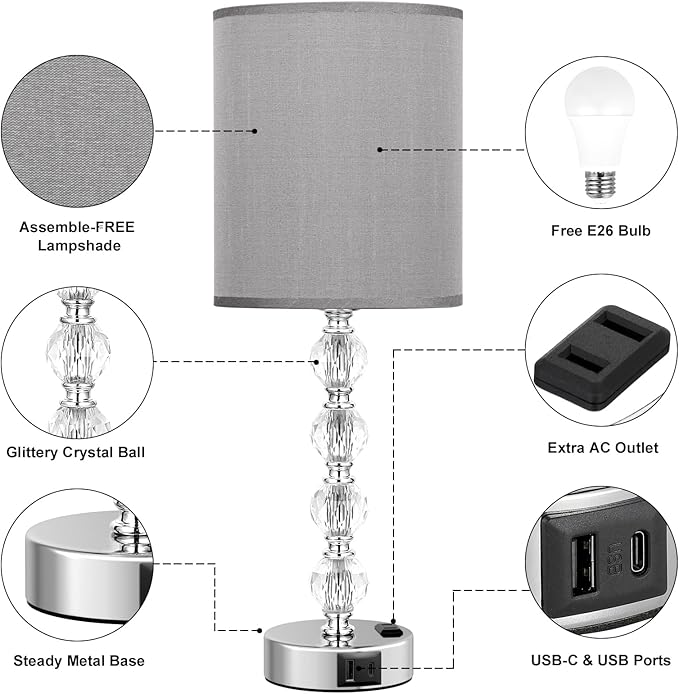 Acaxin Touch Bedside Crystal Lamps for Bedrooms Nightstand with USB C+A Charging Port and AC Outlet White, 3 Way Dimmable Silver Large End Side Table Lamp for Living/Dinning Room/Kitchen/Bedroom
