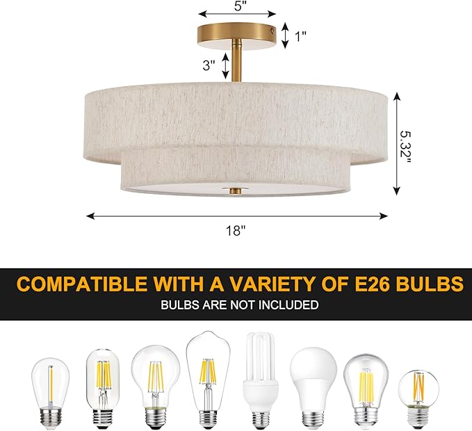 Modern Semi Flush Mount Ceiling Light 18" Modern Gold 3-Lights Drum Ceiling Lighting Fixture Vintage Linen Golden Ceiling Lamp for Laundry Room, Kitchen, Basement, Dining Room, Bedroom