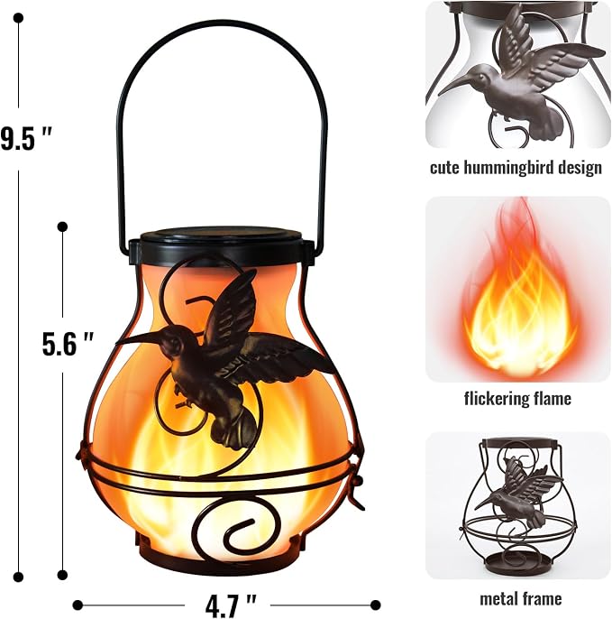 4 Pack Solar Lanterns Outdoor Waterproof Flickering Flame Lights Hummingbird Metal Hanging Solar Lantern Patio Porch Garden Decoration
