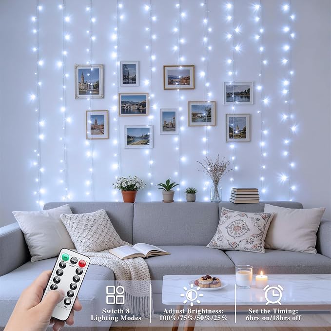 JMEXSUSS 200 LED Fairy Curtain Lights Battery Operated & USB Plug in - Remote Curtain String Lights for Bedroom with 8 Modes, Waterproof Window Lights Outdoor for Backdrop Wedding Party Decor, White