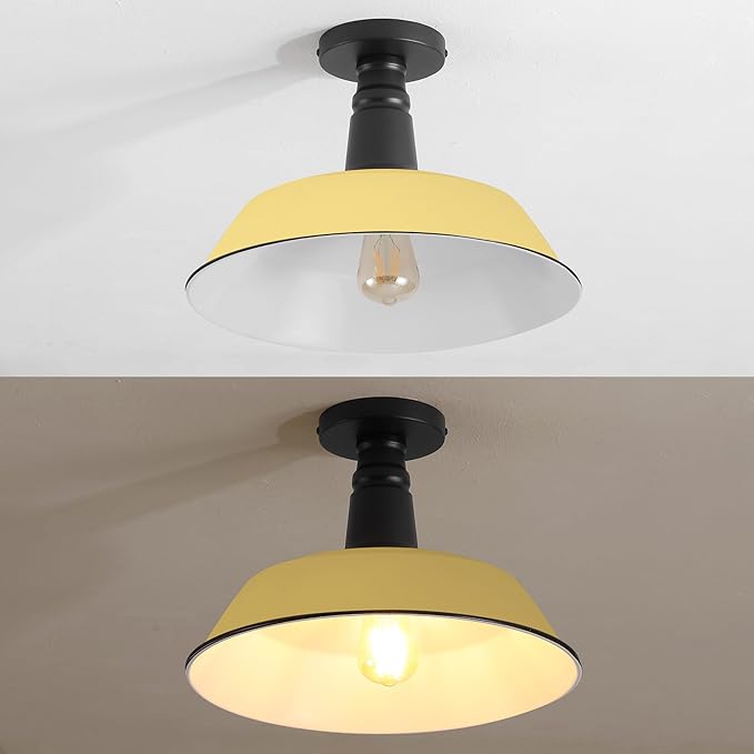 JONATHAN Y 14" Matte Yellow/Black 1-Light Industrial LED Semi Flush Mount Ceiling Light for Porch, Kitchen, Entryway, Modern Farmhouse Iron Fixture, White Metal Shade, LED Bulb Included (JYL7617H)