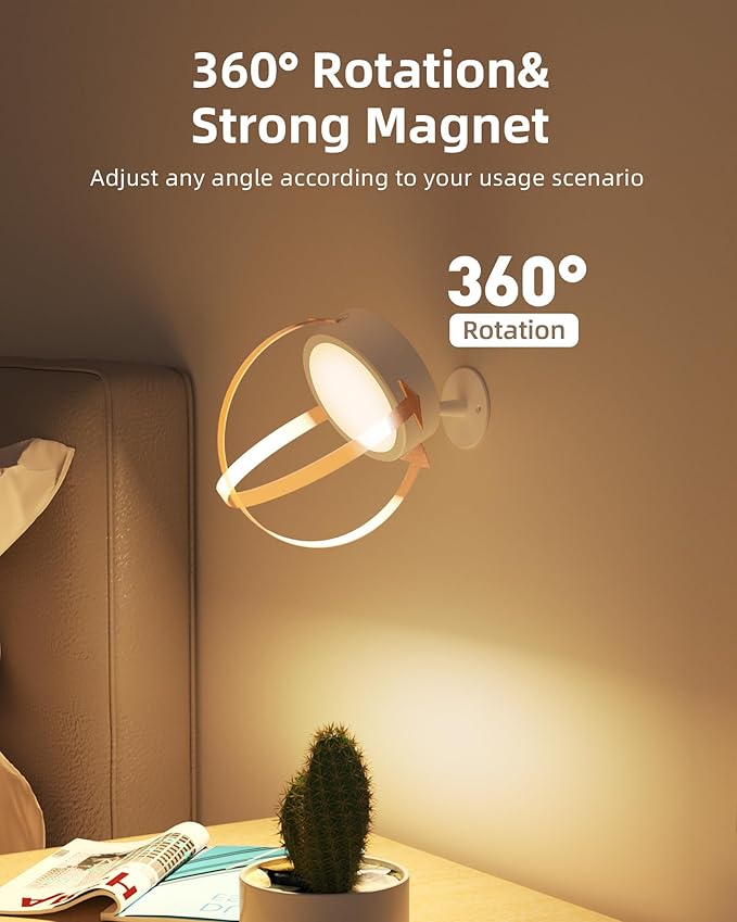 EZVALO LED Wall Mounted Light, 3000mAh Rechargeable Cordless Wall Sconce, Dimmable with Remote & Touch Control, 3 Color Temps, 360° Rotatable for Bedroom, Bedside, Reading(White, 2Pack)