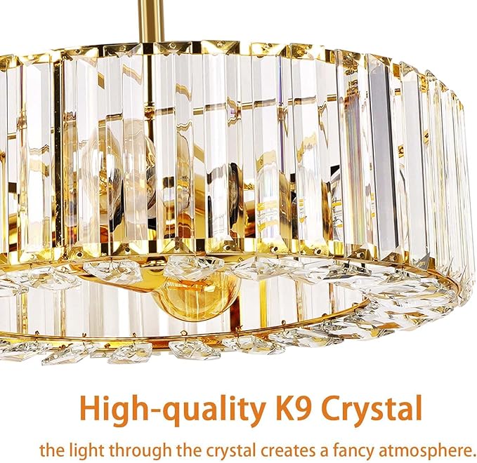 FRIDEKO HOME Gold Crystal Chandelier Ceiling Light - 4-Light Ceiling Light Fixture Modern Ceiling Mount Lights Chandelier for Dinning Room Bedroom Kitchen Entryway (14.56 Inch, Bulb not Included)