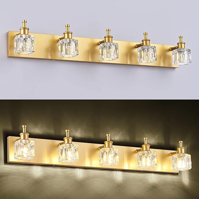PRESDE Modern Crystal Vanity Light for Bathroom Gold 5 Light Bathroom Wall Light Fixtures Over Mirror