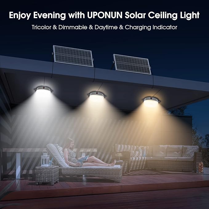 Solar Ceiling Lights 2 Pack, Daytime & Night 3200K/4000K/6000K Dimmable Shed Lights with On/Off Switch & Remote, 120LED*2 Solar Lights Outdoor & Indoor for Home Barn Shop Carpot Chicken Coop