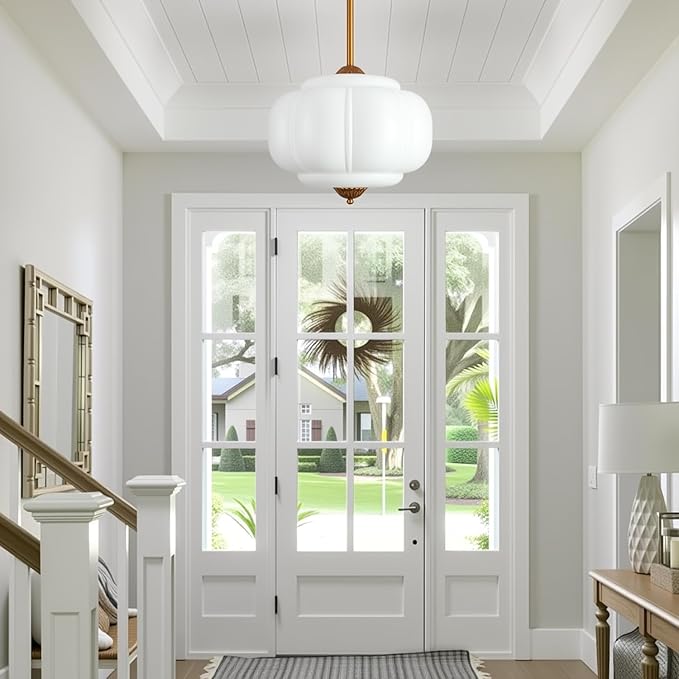 15-Inch Vintage Semi Flush Mount Ceiling Light, Milk Glass Chandelier with Antique Brass Finish, Mid Century Modern Schoolhouse Pendant Light Fixtures for Kitchen, Hallway, Dining Room