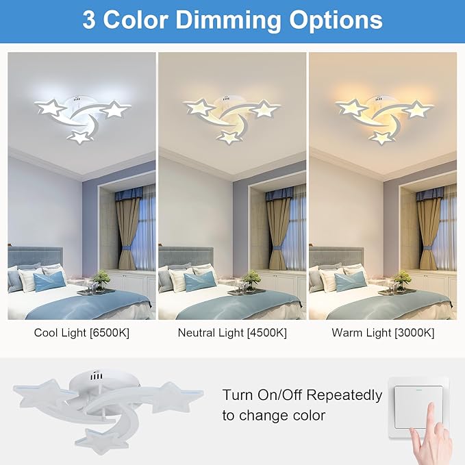 3 Lights Star LED Modern Ceiling Light, 21" 24W Flush Mount Ceiling Light Fixture, 3 CCT(3000K/4500K/6500K) via Wall Switch Ceiling Lamp for Bedroom Living Room KidsRoom Playroom